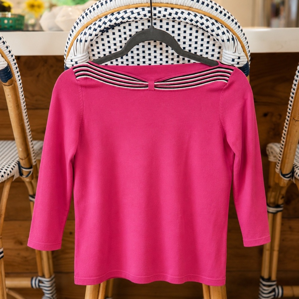Sydney Easton Petite Fuchsia Pink Silk Blend Boatneck Top with Striped Bow PM